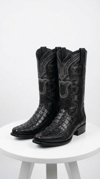 Men’s Black Caiman Crocodile and Deer Leather European Toe Boots, LAB-76F0105 Western Dress Boots