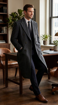 Men’s Dark Grey 44 Inch Double Breasted Wool Blend Overcoat, Long Length Dress Coat