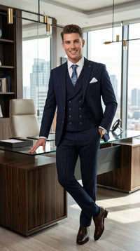 Men’s Navy Gangster Pinstripe Suit with 2 Button Jacket, Double Breasted Vest and Pants