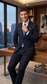 Men’s Navy Linen Suit for Beach Wedding, Summer Dress Suit with Jacket and Pants