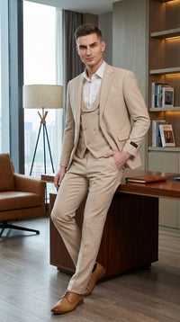 Men’s Khaki Sharkskin Wedding Suit with One Button Jacket, Double Breasted Vest and Pants