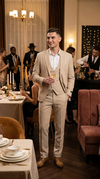 Men’s Khaki Sharkskin Wedding Suit with One Button Jacket, Double Breasted Vest and Pants