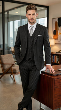 Men’s Black Bold Pinstripe 1920s Suit with Vest and Pants – Vintage Gangster Style Outfit