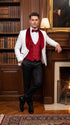 Marco Lorenzo Premium White Paisley 4 Piece Suit with Red Velvet Shawl Lapel and Matching Bow Tie