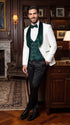 Marco Lorenzo Premium White Paisley 4 Piece Suit with Green Velvet Shawl Lapel and Matching Bow Tie