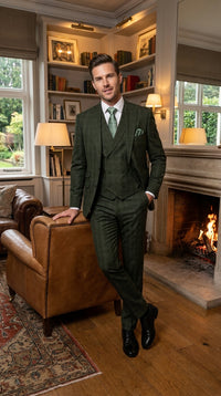 Men’s Olive Windowpane Plaid Suit, 2 Button Formal Suit with Double Breasted Vest