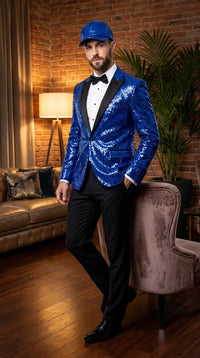 Men’s Royal Blue Sequin Suit, Shiny Metallic Stage Tuxedo Jacket and Pants for Groom and Prom