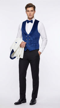 Marco Lorenzo Premium White Paisley 4 Piece Suit with Royal Blue Velvet Shawl Lapel and Matching Bow Tie