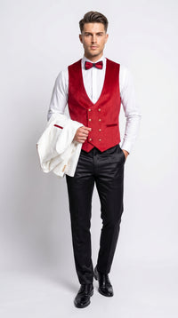 Marco Lorenzo Premium White Paisley 4 Piece Suit with Red Velvet Shawl Lapel and Matching Bow Tie