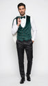 Marco Lorenzo Premium White Paisley 4 Piece Suit with Green Velvet Shawl Lapel and Matching Bow Tie