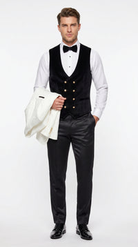 Marco Lorenzo Premium White Paisley 4 Piece Suit with Black Velvet Shawl Lapel and Matching Bow Tie
