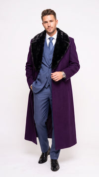 Men’s Purple Wool Overcoat, Long Winter Dress Topcoat with Black Fur Collar for Formal and Business Wear