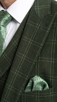Men’s Olive Windowpane Plaid Suit, 2 Button Formal Suit with Double Breasted Vest