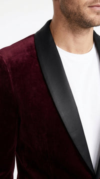 Men’s Burgundy Velvet Dinner Jacket, Designer Black Satin Shawl Lapel Tuxedo Blazer for Weddings, Prom and Formal Events