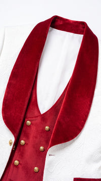 Marco Lorenzo Premium White Paisley 4 Piece Suit with Red Velvet Shawl Lapel and Matching Bow Tie