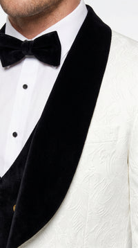 Marco Lorenzo Premium White Paisley 4 Piece Suit with Black Velvet Shawl Lapel and Matching Bow Tie