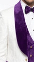 Marco Lorenzo Premium White Paisley 4 Piece Suit with Purple Velvet Shawl Lapel and Matching Bow Tie