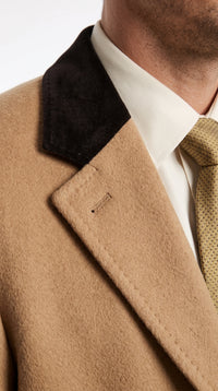 Men’s Beige Camel Chesterfield Overcoat, Wool and Cashmere Full Length Coat with Velvet Collar