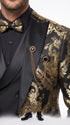 Men’s Black and Gold Floral Jacquard 3 Piece Suit, Modern Fit Tuxedo with Matching Bow Tie for Weddings and Prom