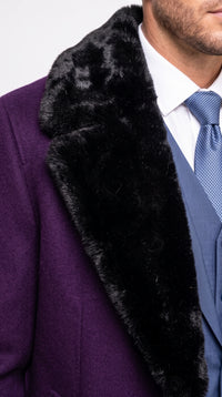 Men’s Purple Wool Overcoat, Long Winter Dress Topcoat with Black Fur Collar for Formal and Business Wear
