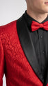Men’s Red Paisley Jacquard Tuxedo Suit, Modern Fit Black Satin Shawl Lapel Prom Wedding Formal Suit