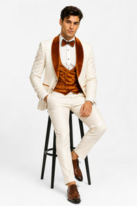 Marco Lorenzo Premium Paisley Burnt Orange Velvet 4pc Suit W/ Matching Bowtie