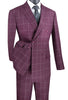 Naples Collection - Wine Modern Fit Double Breasted Windowpane Peak Lapel 2 Piece Suit