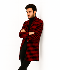 Men Houndstooth Lapel Collar Single Breasted Tweed Overcoat Black and Burgundy
