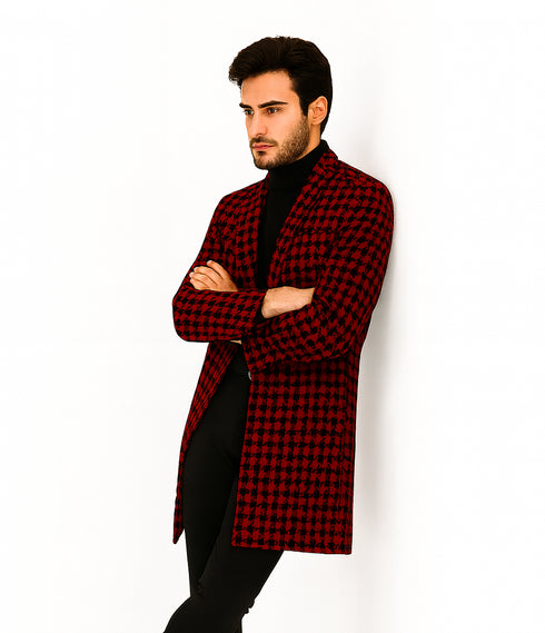 Men Houndstooth Lapel Collar Single Breasted Tweed Overcoat Black and Burgundy