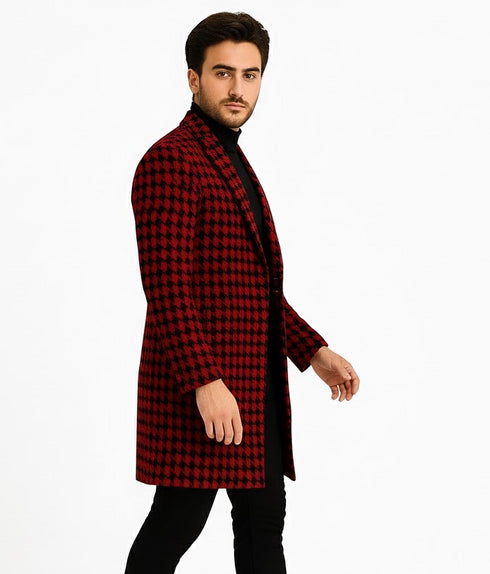Men Houndstooth Lapel Collar Single Breasted Tweed Overcoat Black and Burgundy