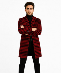 Men Houndstooth Lapel Collar Single Breasted Tweed Overcoat Black and Burgundy