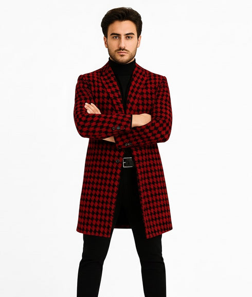 Men Houndstooth Lapel Collar Single Breasted Tweed Overcoat Black and Burgundy