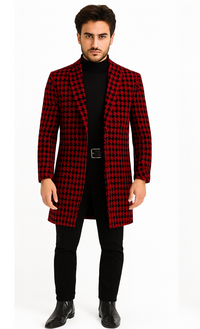 Men Houndstooth Lapel Collar Single Breasted Tweed Overcoat Black and Burgundy