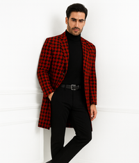 Men Houndstooth Lapel Collar Single Breasted Tweed Overcoat Black and Red
