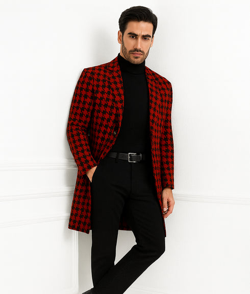 Men Houndstooth Lapel Collar Single Breasted Tweed Overcoat Black and Red