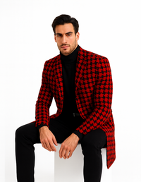 Men Houndstooth Lapel Collar Single Breasted Tweed Overcoat Black and Red