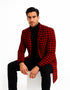 Men Houndstooth Lapel Collar Single Breasted Tweed Overcoat Black and Red