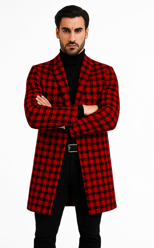 Men Houndstooth Lapel Collar Single Breasted Tweed Overcoat Black and Red