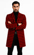 Men Houndstooth Lapel Collar Single Breasted Tweed Overcoat Black and Red