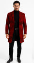 Men Houndstooth Lapel Collar Single Breasted Tweed Overcoat Black and Red