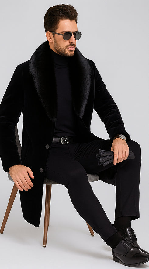 Men Long Faux Fur Coat Black