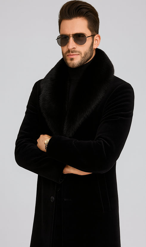 Men Long Faux Fur Coat Black