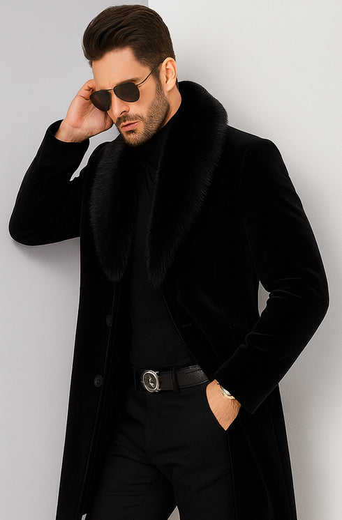 Men Long Faux Fur Coat Black