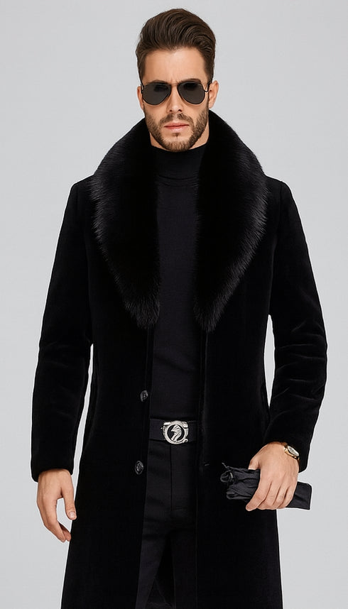 Men Long Faux Fur Coat Black
