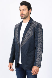 Men’s Navy Fashion Blazer with Embroidery – Smart Casual Dress Jacket
