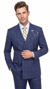 Mens Blue Plaid Double-Breasted Suit – Side-Vented Wedding, Business and Formal Suit