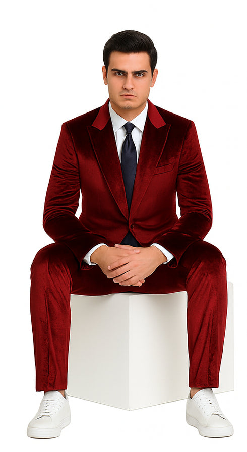 Tazzio Men’s Burgundy Velvet Blazer Suit – 2-Piece Skinny Fit Dress Set