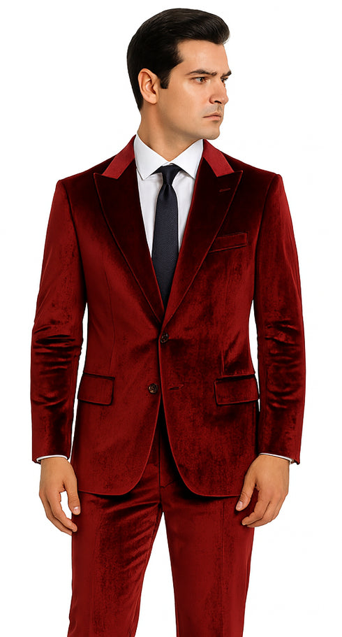 Tazzio Men’s Burgundy Velvet Blazer Suit – 2-Piece Skinny Fit Dress Set
