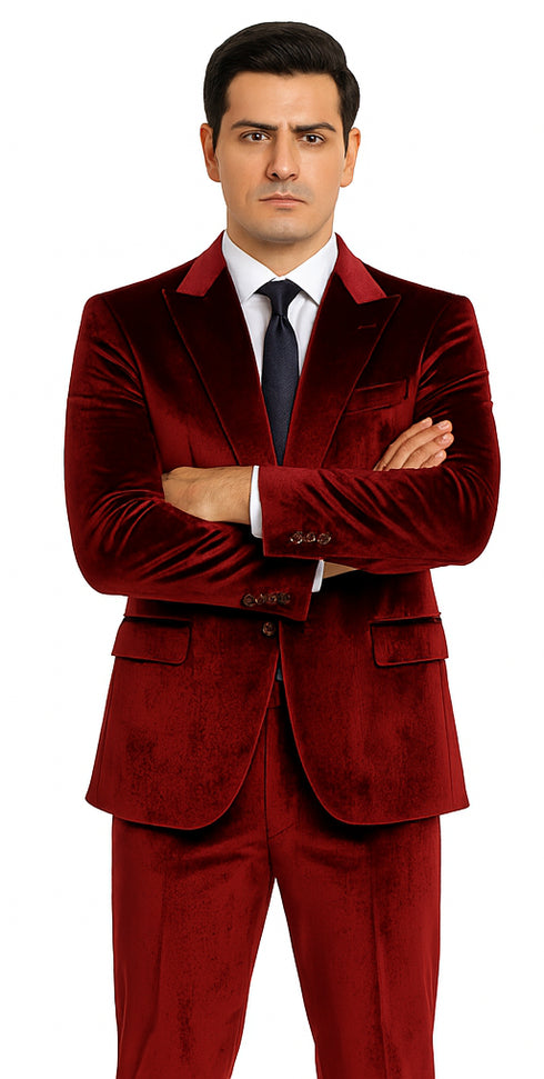 Tazzio Men’s Burgundy Velvet Blazer Suit – 2-Piece Skinny Fit Dress Set
