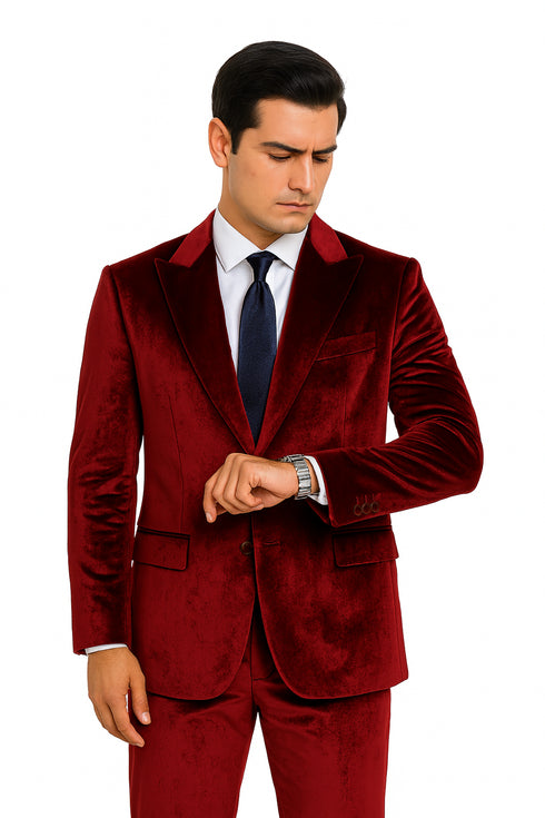 Tazzio Men’s Burgundy Velvet Blazer Suit – 2-Piece Skinny Fit Dress Set